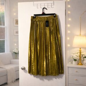 🏷️ Shiny Gold Pleated Skirt | High Waisted Festive Midi Size XL